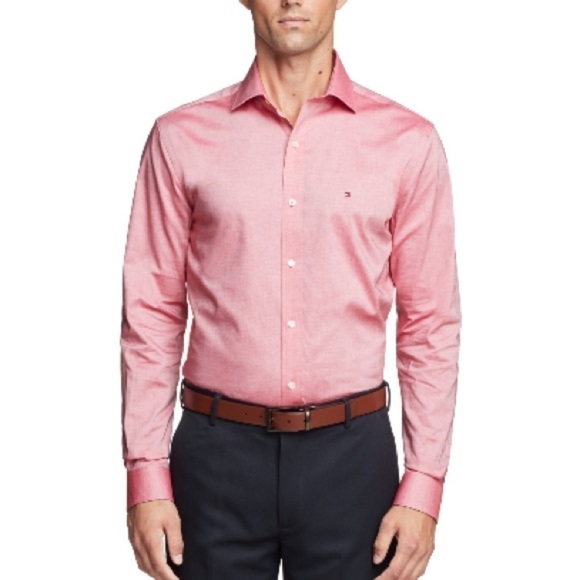 Tommy Hilfiger Men's Classic/Regular Fit Stretch Solid Dress Shirt,Cherry - Picture 1 of 11